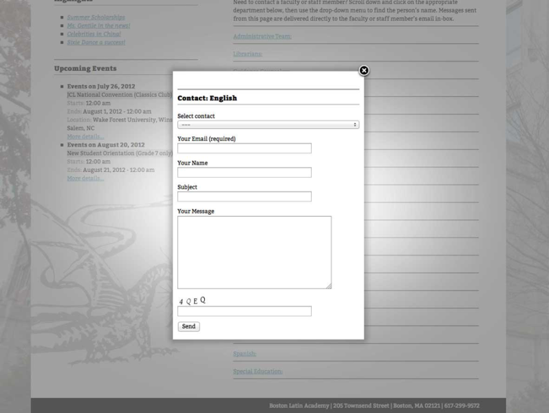 Boston Latin Academy Wordpress Contact Form Screen